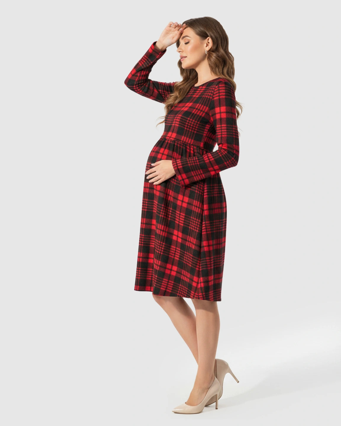 Red & Black Plaid Pattern A-Line Maternity Short Dress