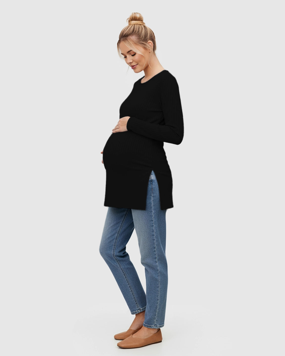 Ribbed Knit Long Sleeve Maternity Top with Side Slits