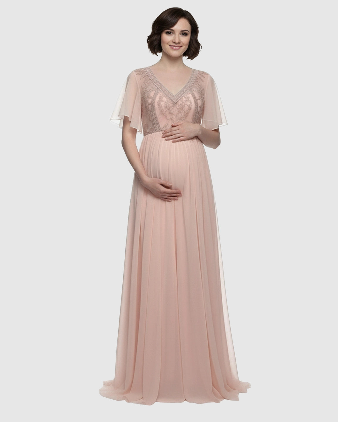 Embroidered Bodice Long Train Maternity Photoshoot Gown