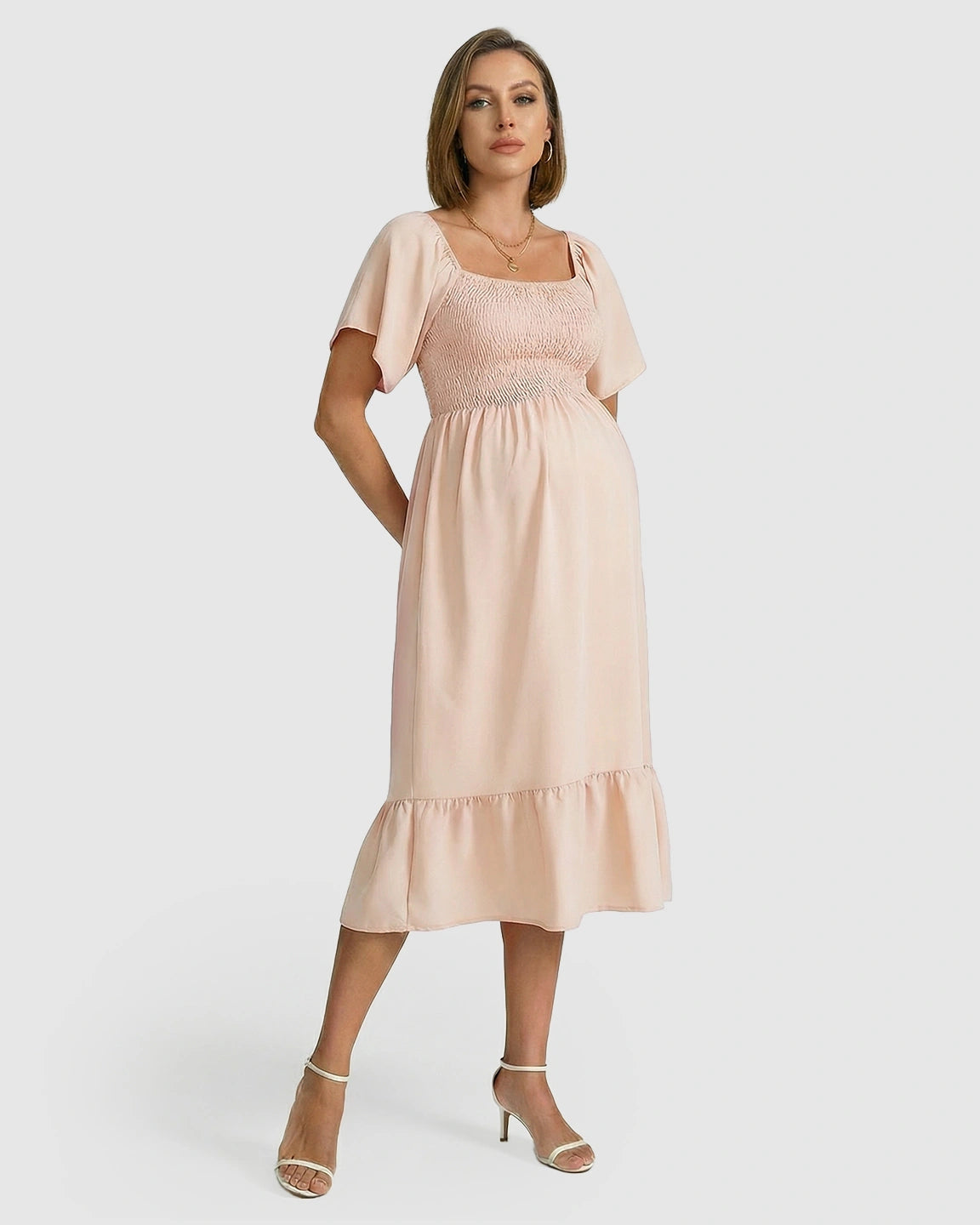 Smocked Square Neck Ruffled A-line Maternity Dress