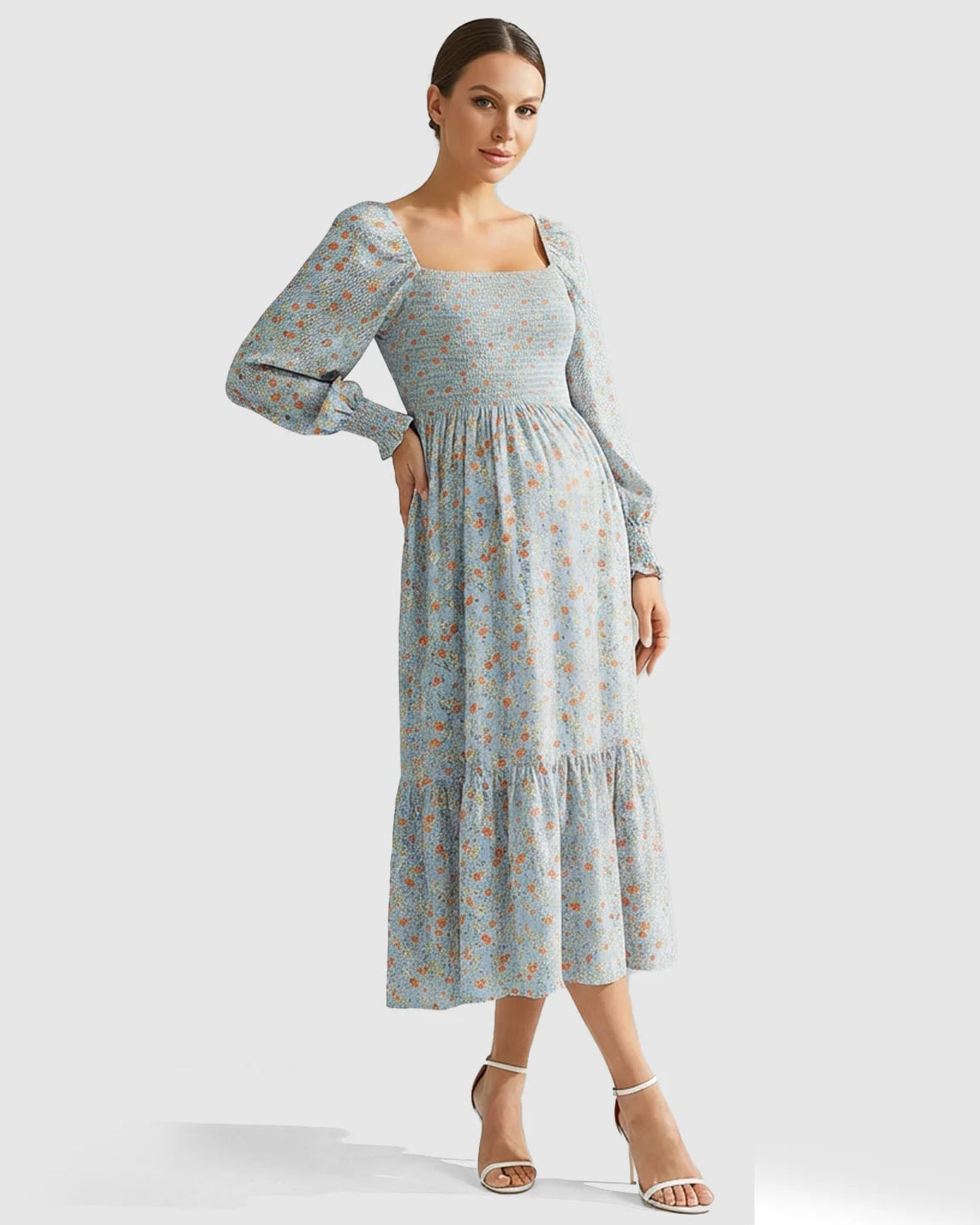 Smocked Bodice Floral Maternity Midi Dress