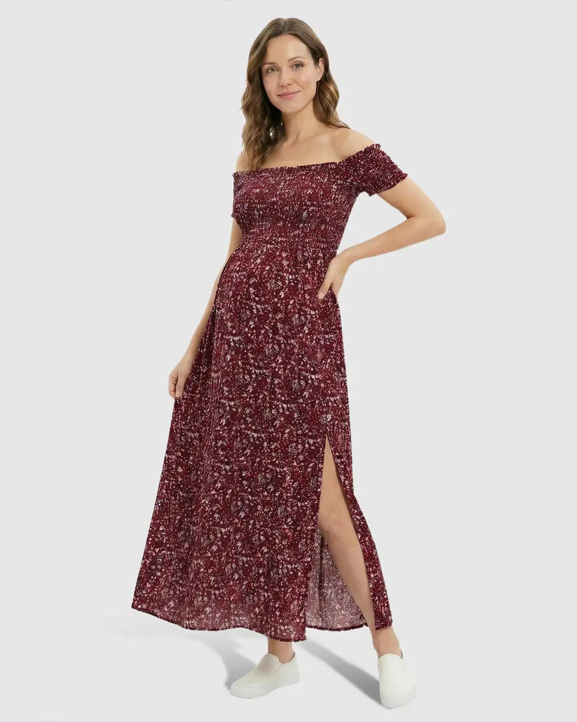 Floral Print Side Slit Maternity Maxi Dress