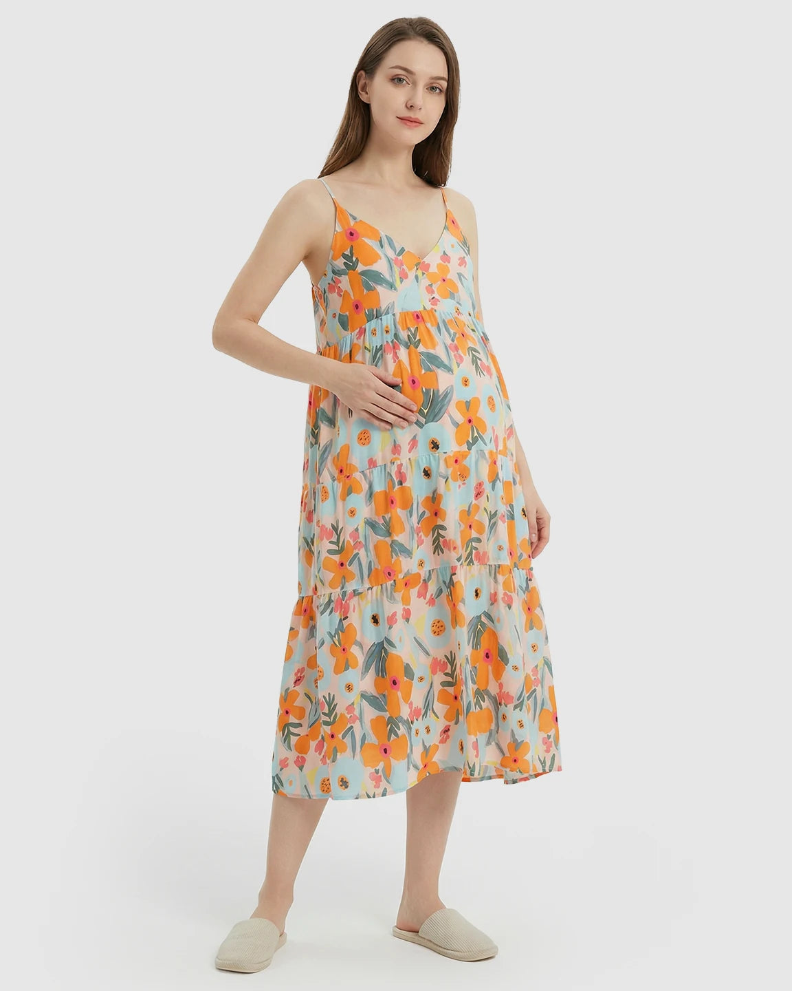 Spaghetti Strap Large Floral Print Maternity Nightdress