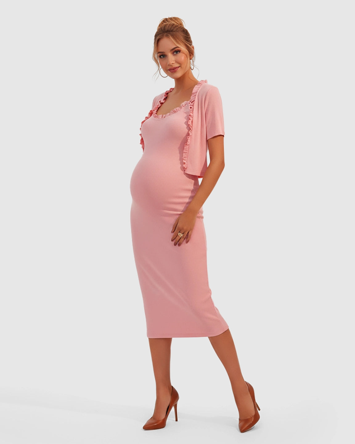 Ruffle Neck Bodycon Maternity Midi Dress Set