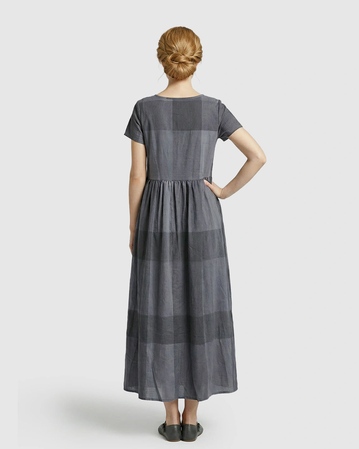 Plaid Short Sleeve Babydoll Maternity Maxi Dress