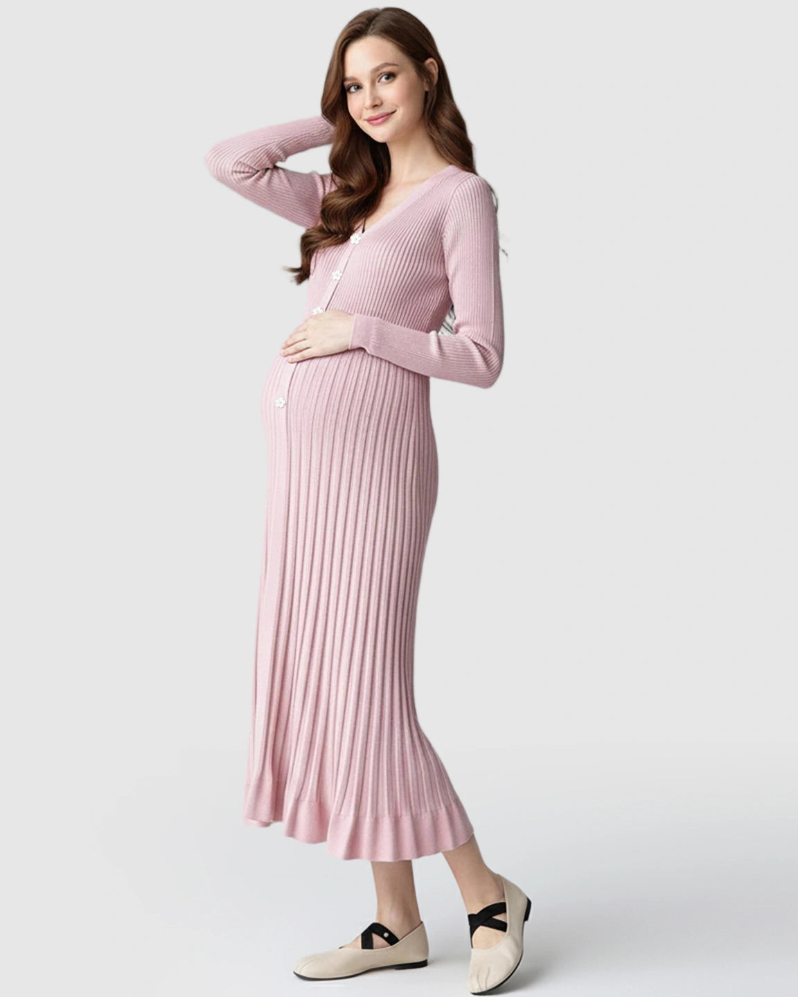 Ribbed Knit Long Sleeve Maternity Midi Dress