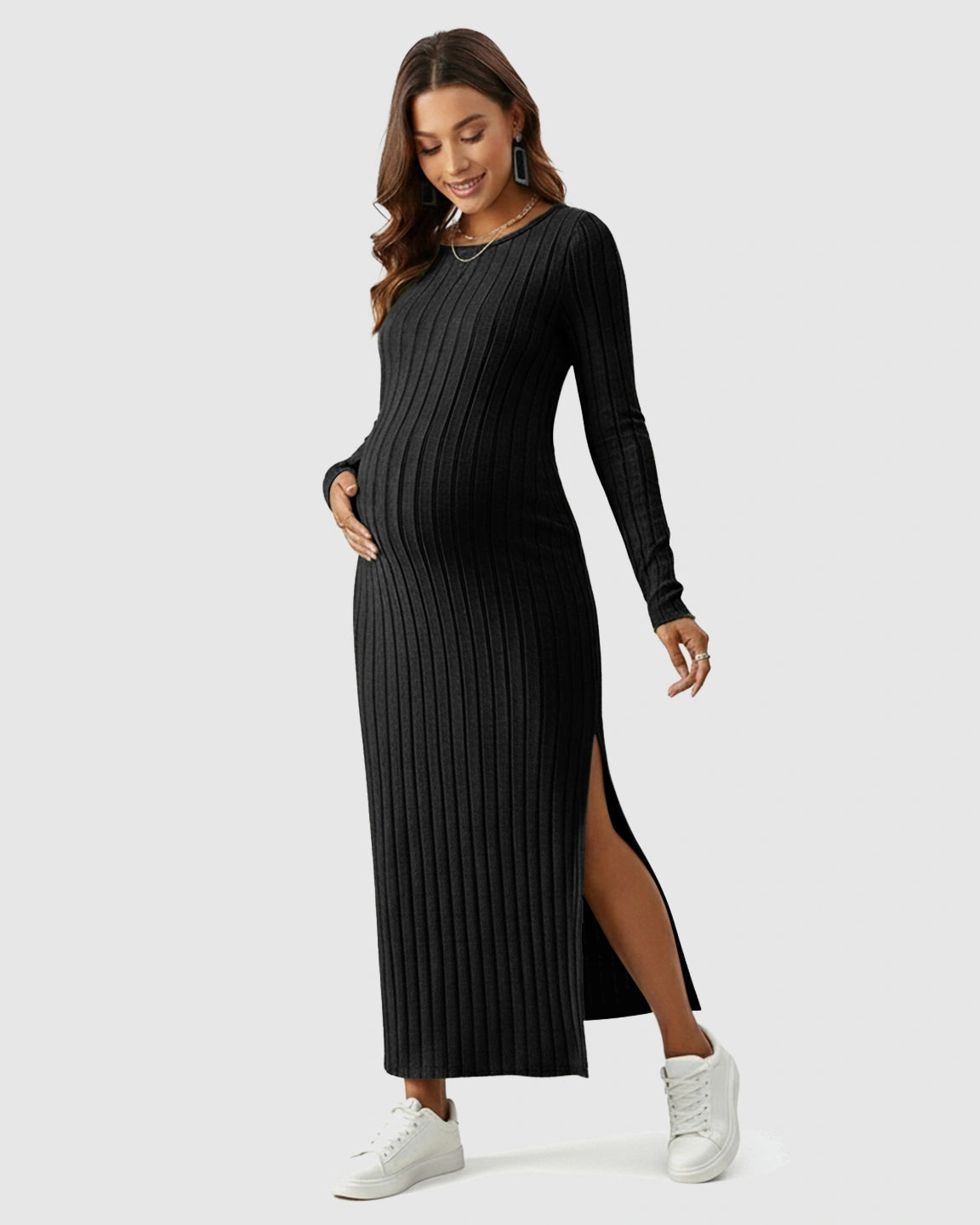 Ribbed Knit Maternity Maxi Dress with Side Slit