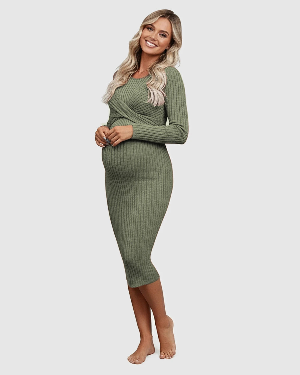 Knot Front Long Sleeve Maternity Midi Dress