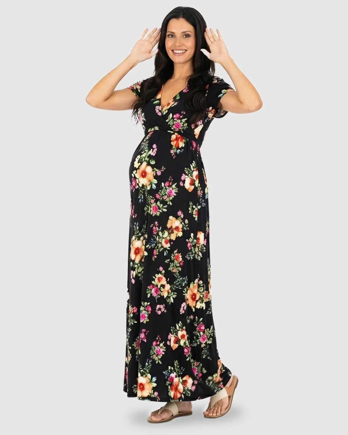 Floral V-Neck Short Sleeve Maternity Maxi Dress