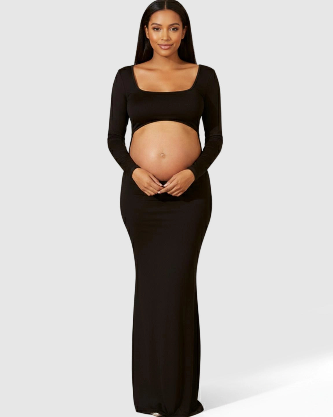 Long Sleeve Bump-Revealing Bodycon Maternity Maxi Dress