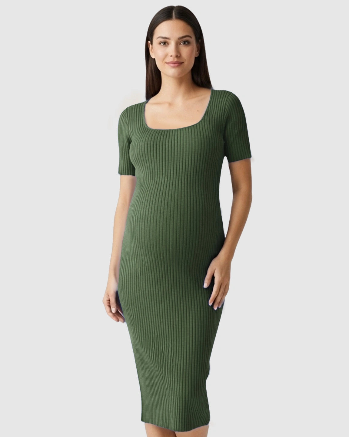 Ribbed Knit Square Neck Bodycon Maternity Midi Dress