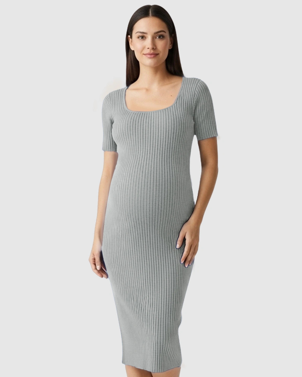 Ribbed Knit Square Neck Bodycon Maternity Midi Dress