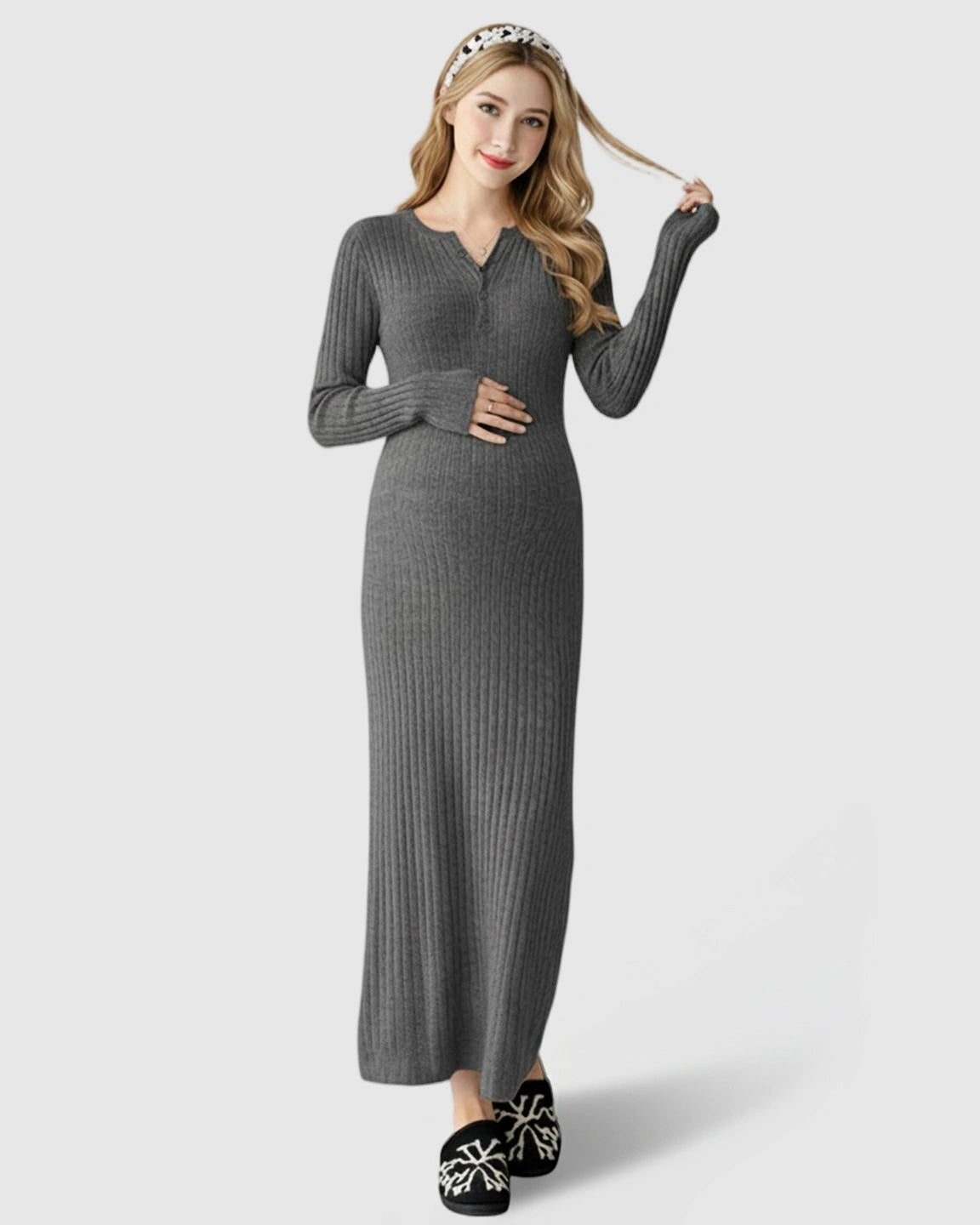 Ribbed Knit A-Line Long Sleeve Maternity Maxi Dress