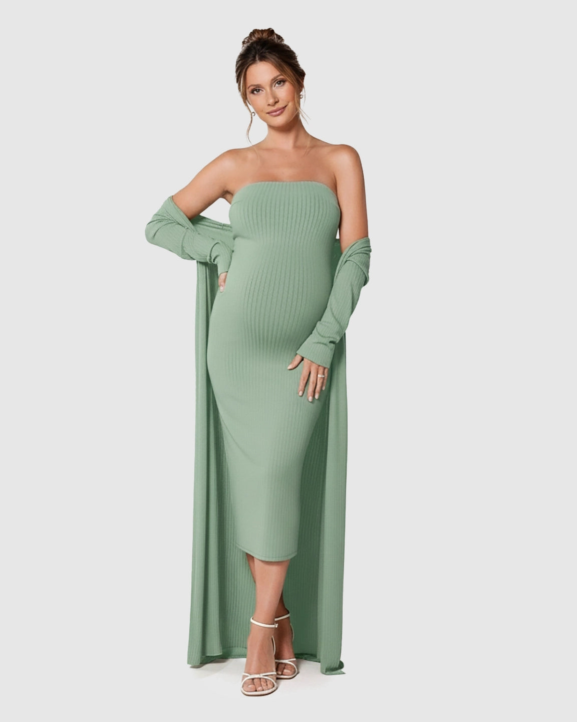 Elegant Ribbed Two-Piece Maternity Dress with Cardigan