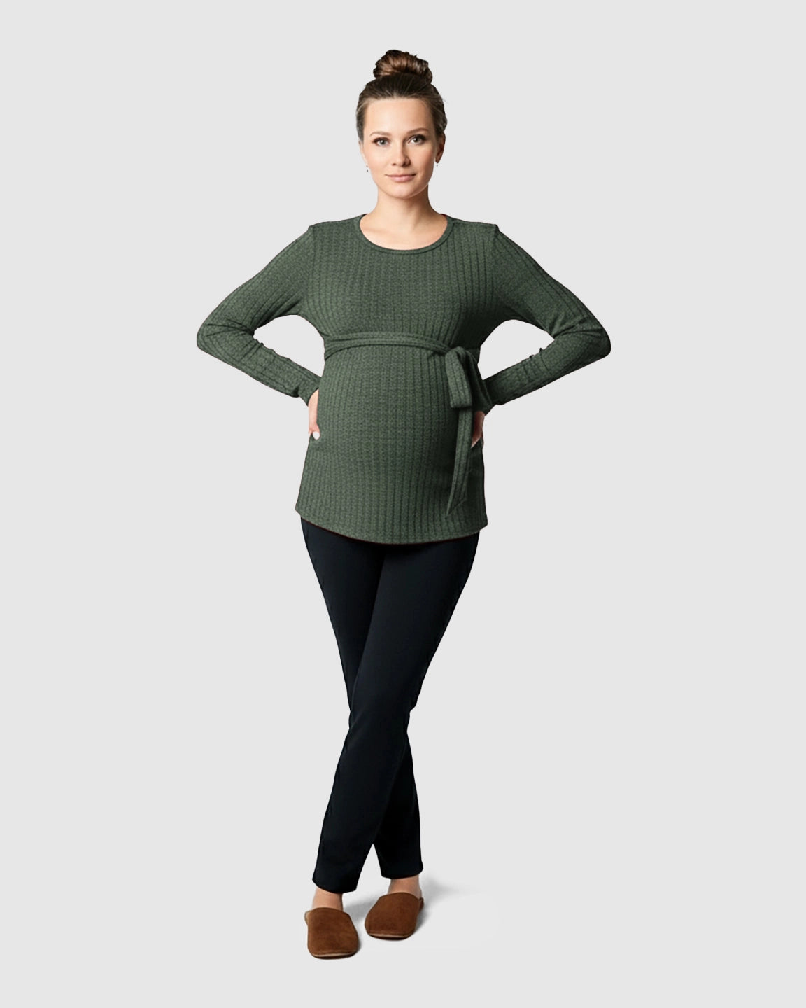 Ribbed Knit Tie-Waist Long Sleeve Maternity Top