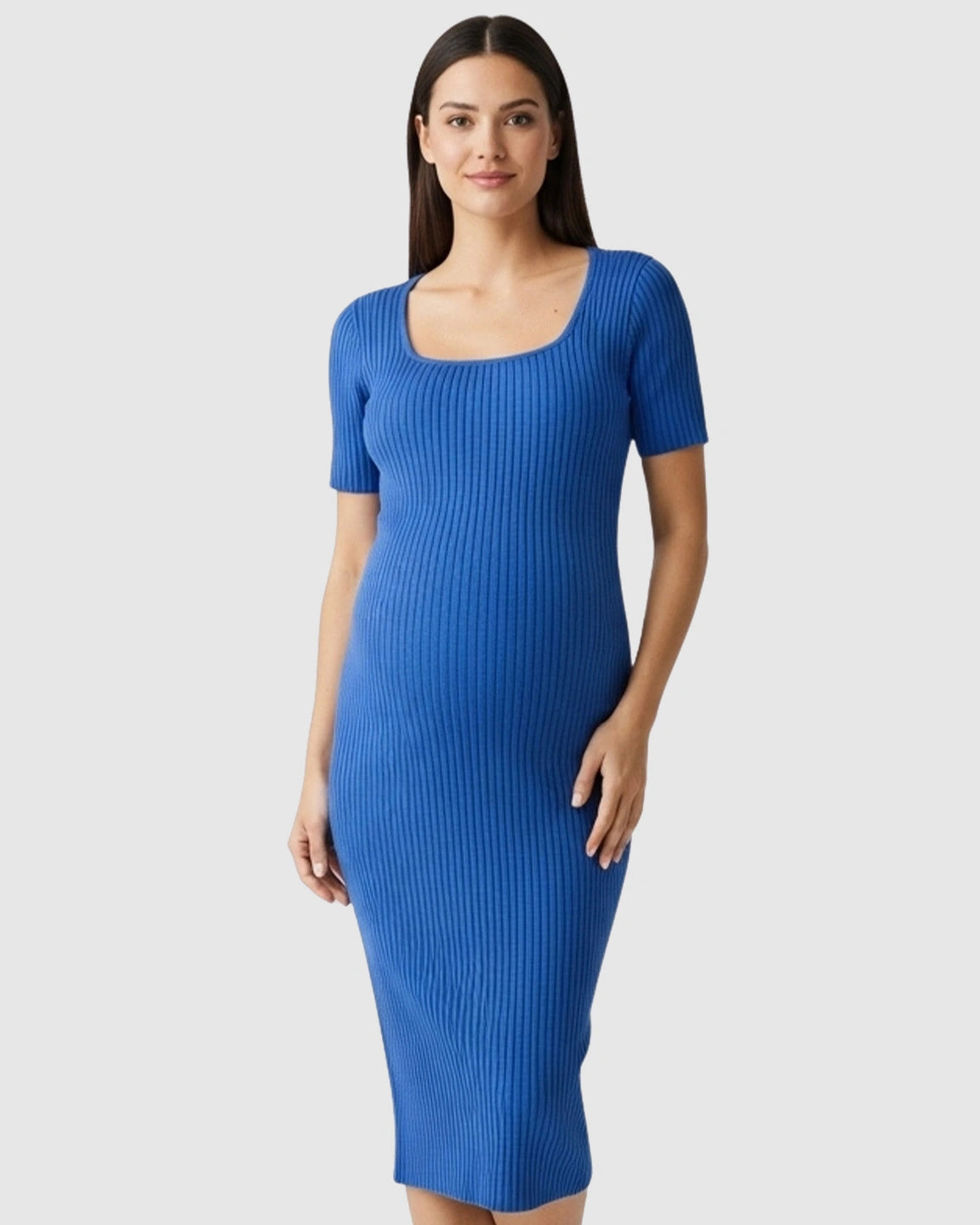 Ribbed Knit Square Neck Bodycon Maternity Midi Dress