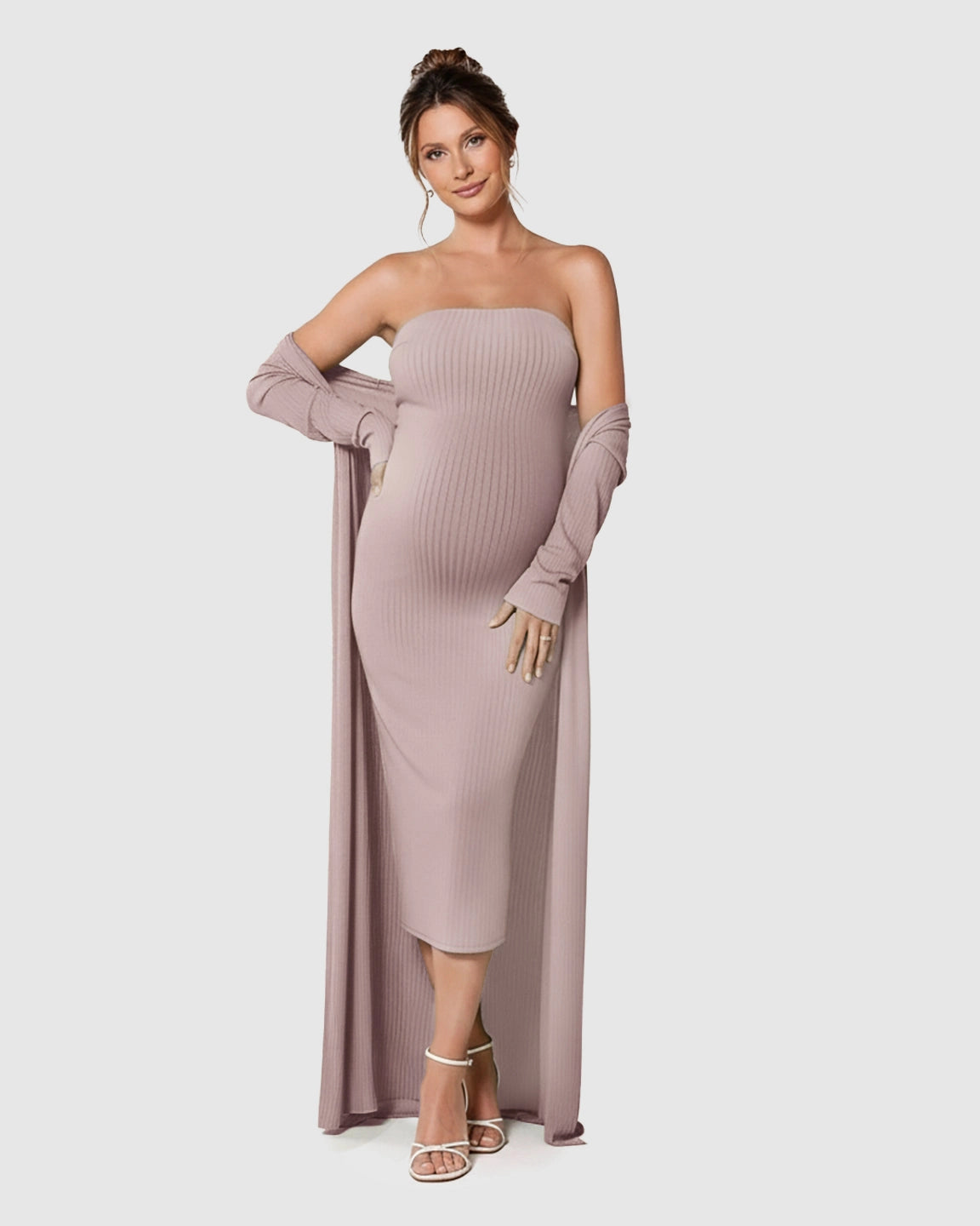 Elegant Ribbed Two-Piece Maternity Dress with Cardigan