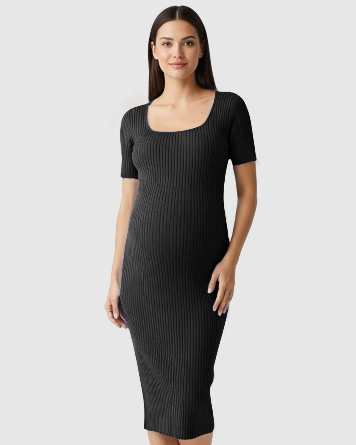 Ribbed Knit Square Neck Bodycon Maternity Midi Dress