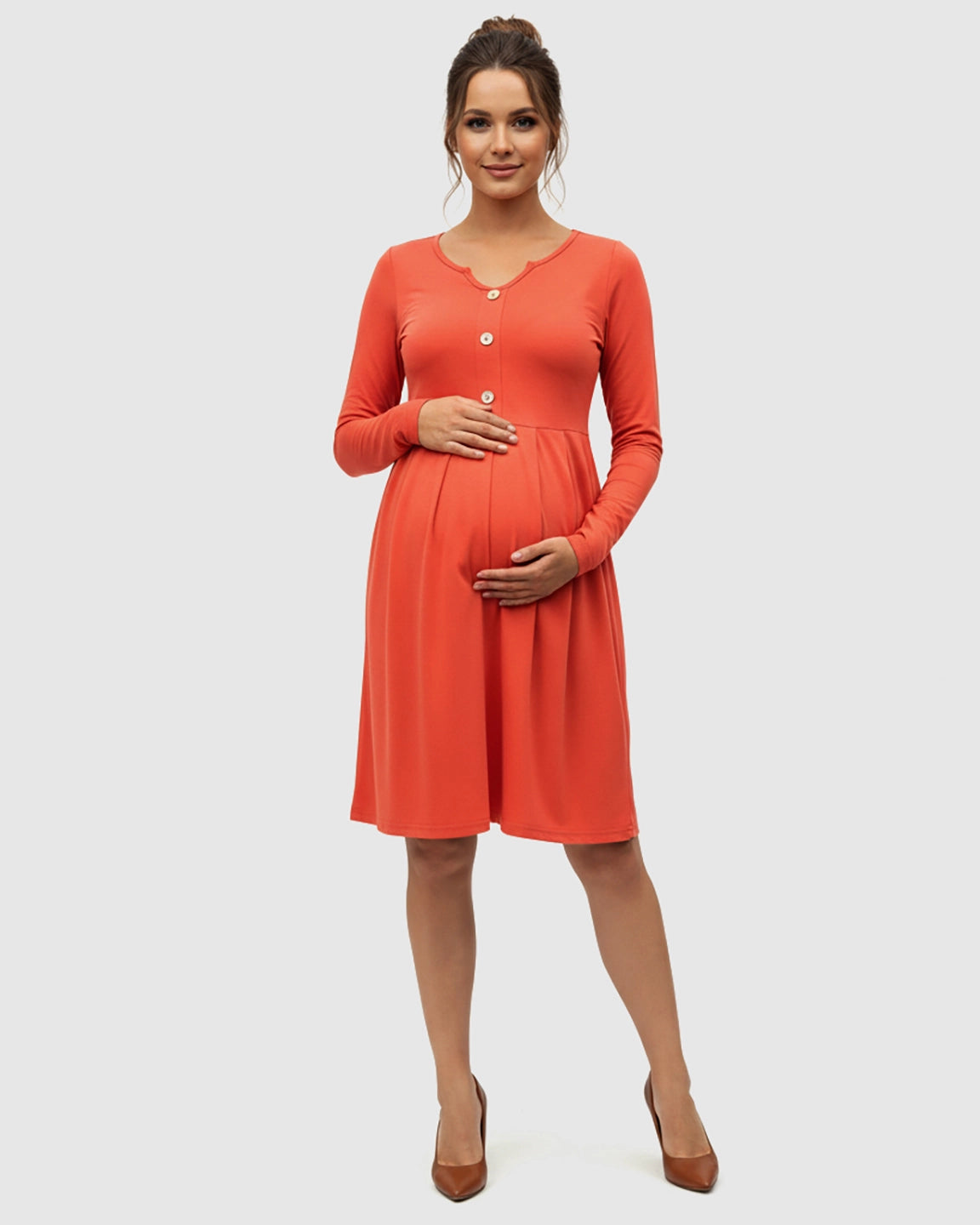 Long Sleeve Button Detail Flared Maternity Dress