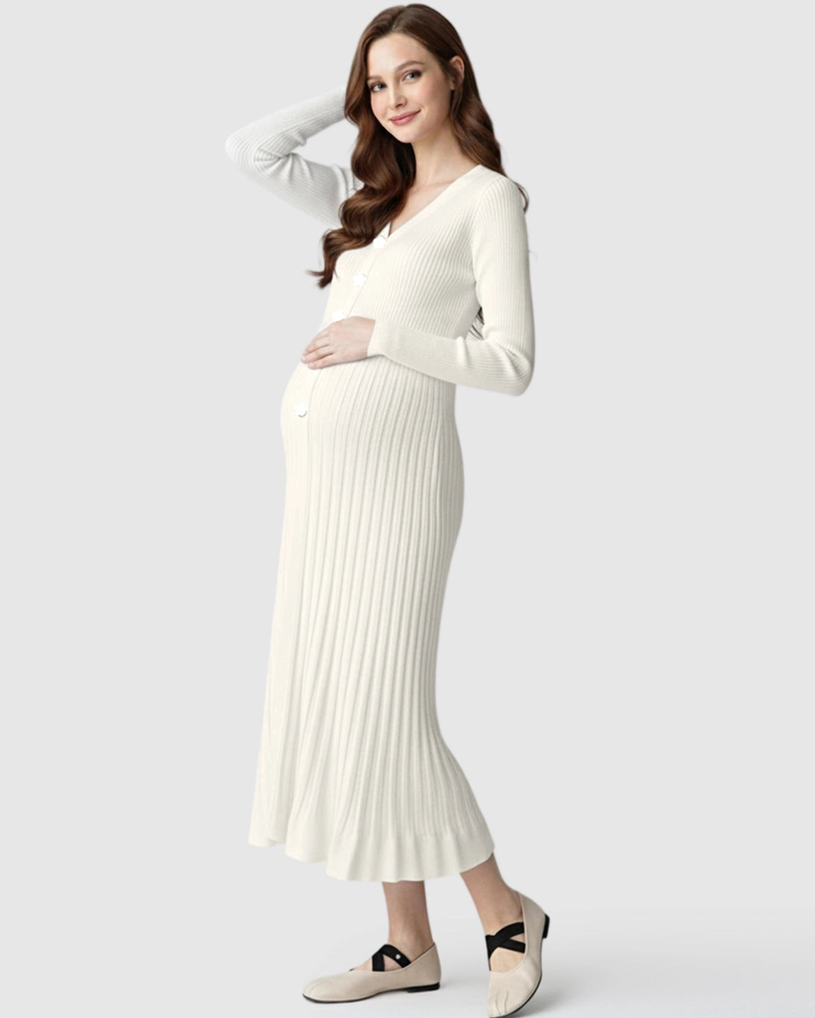 Ribbed Knit Long Sleeve Maternity Midi Dress