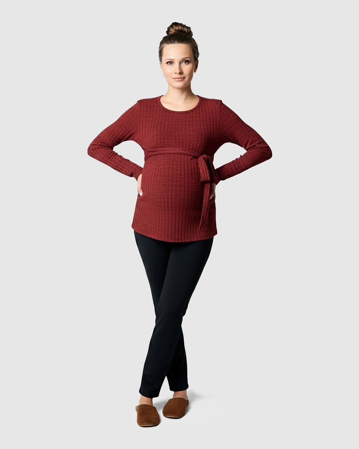 Ribbed Knit Tie-Waist Long Sleeve Maternity Top