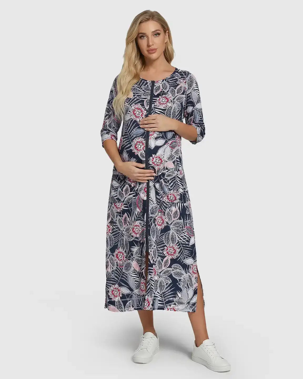 Full Front Zipper Floral Maternity Nursing Lounge Dress