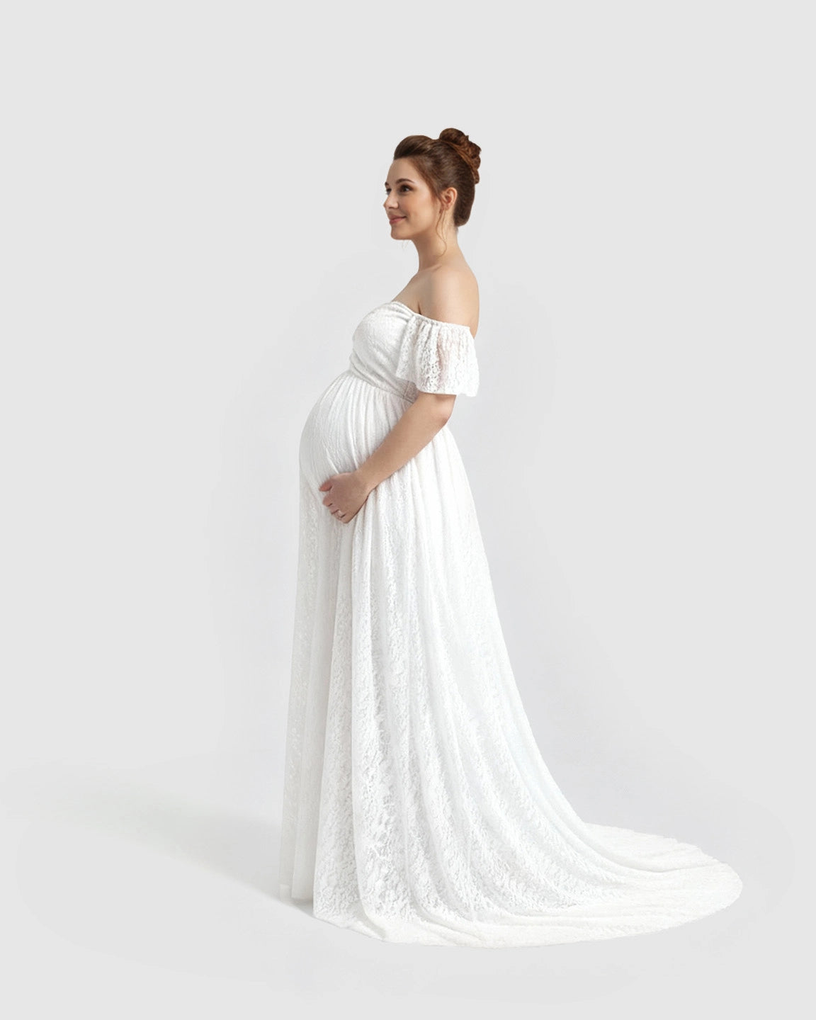 Off-Shoulder Flowing Lace Maternity Maxi Dress