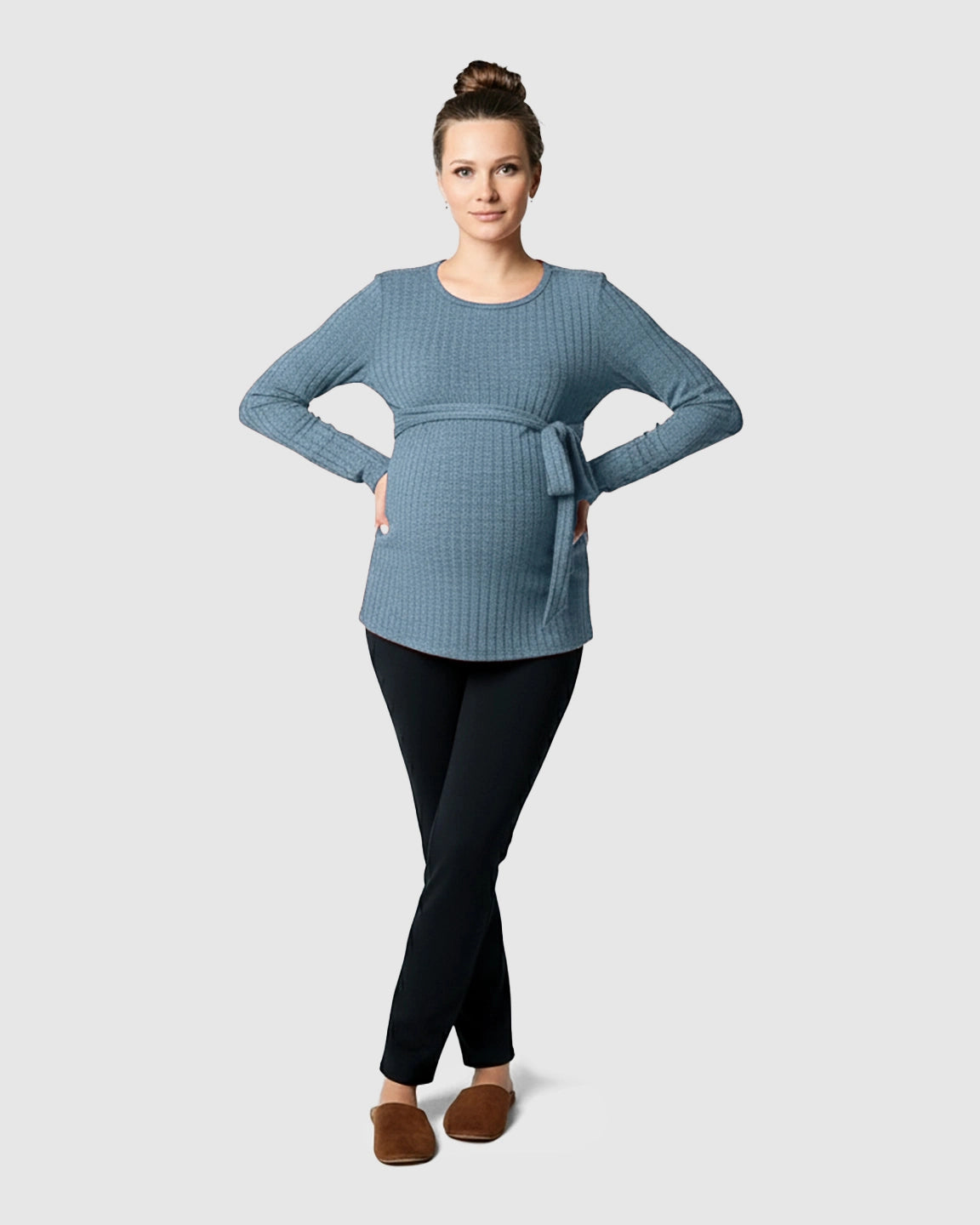 Ribbed Knit Tie-Waist Long Sleeve Maternity Top