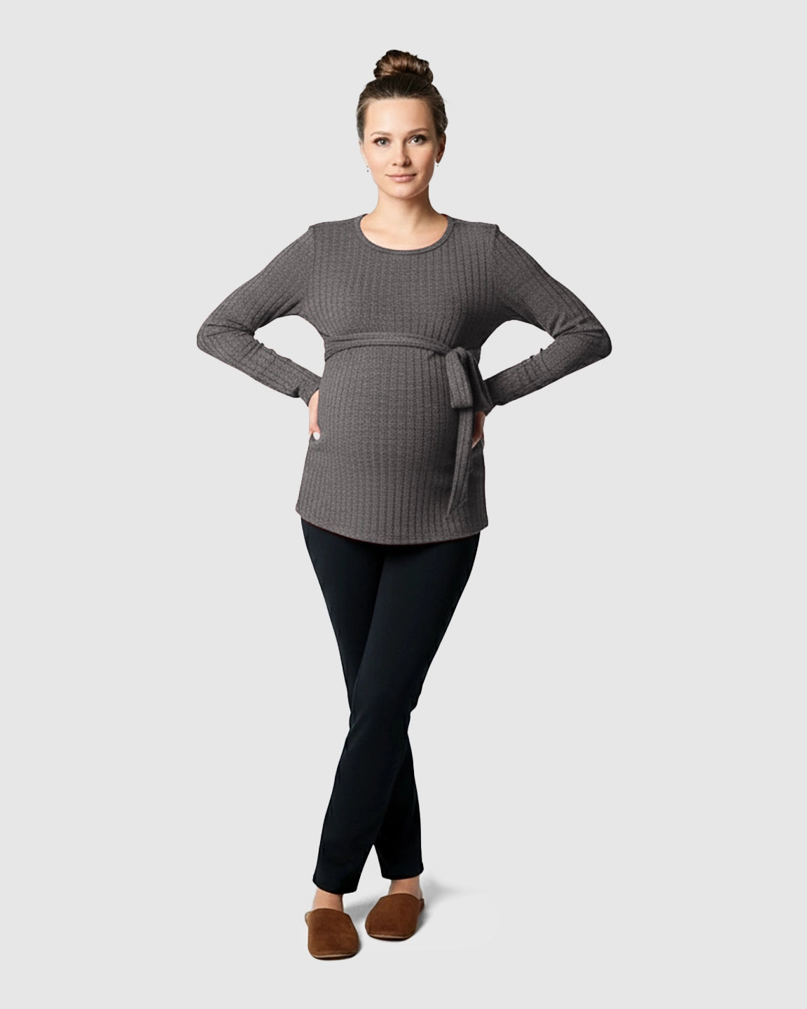 Ribbed Knit Tie-Waist Long Sleeve Maternity Top
