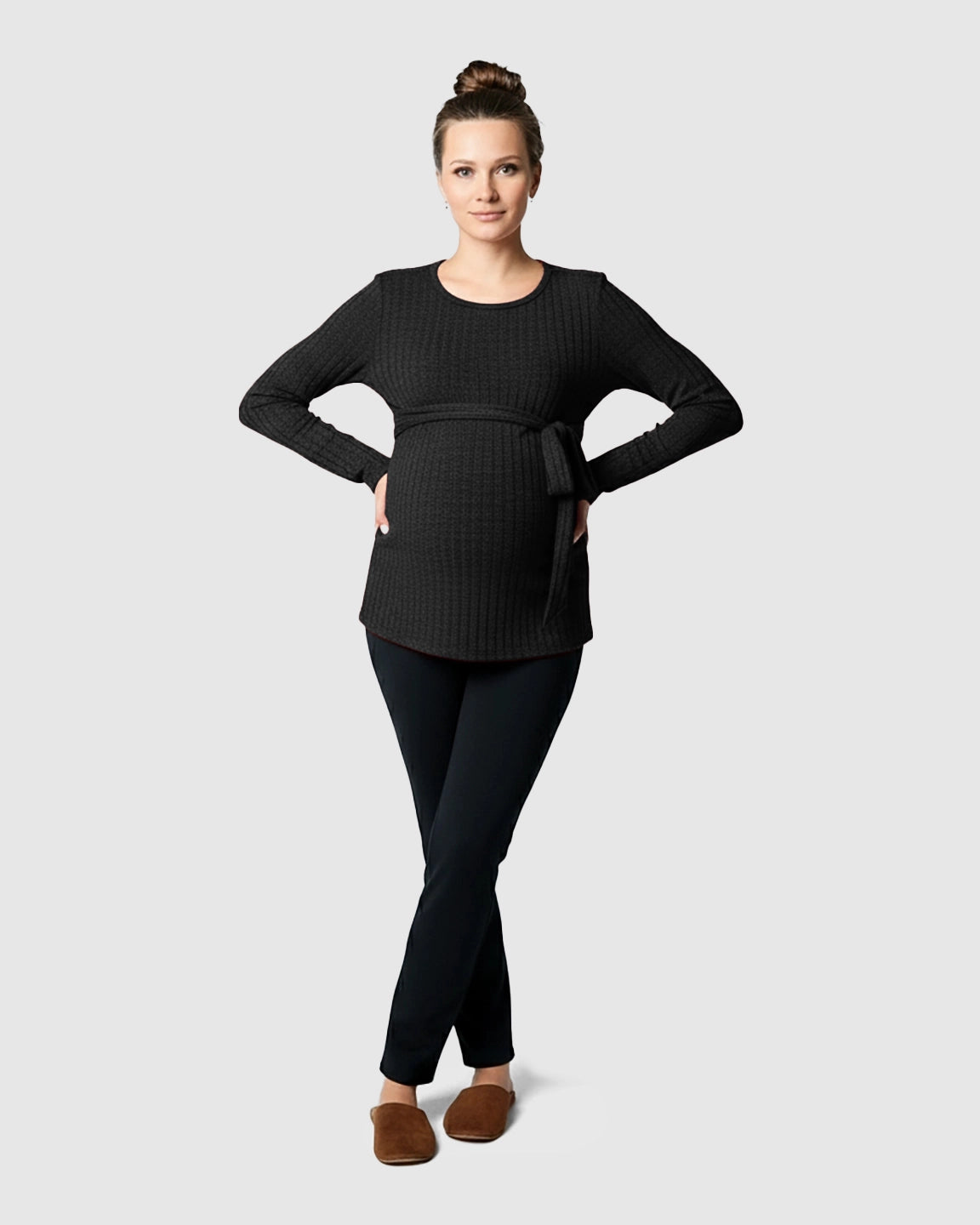 Ribbed Knit Tie-Waist Long Sleeve Maternity Top