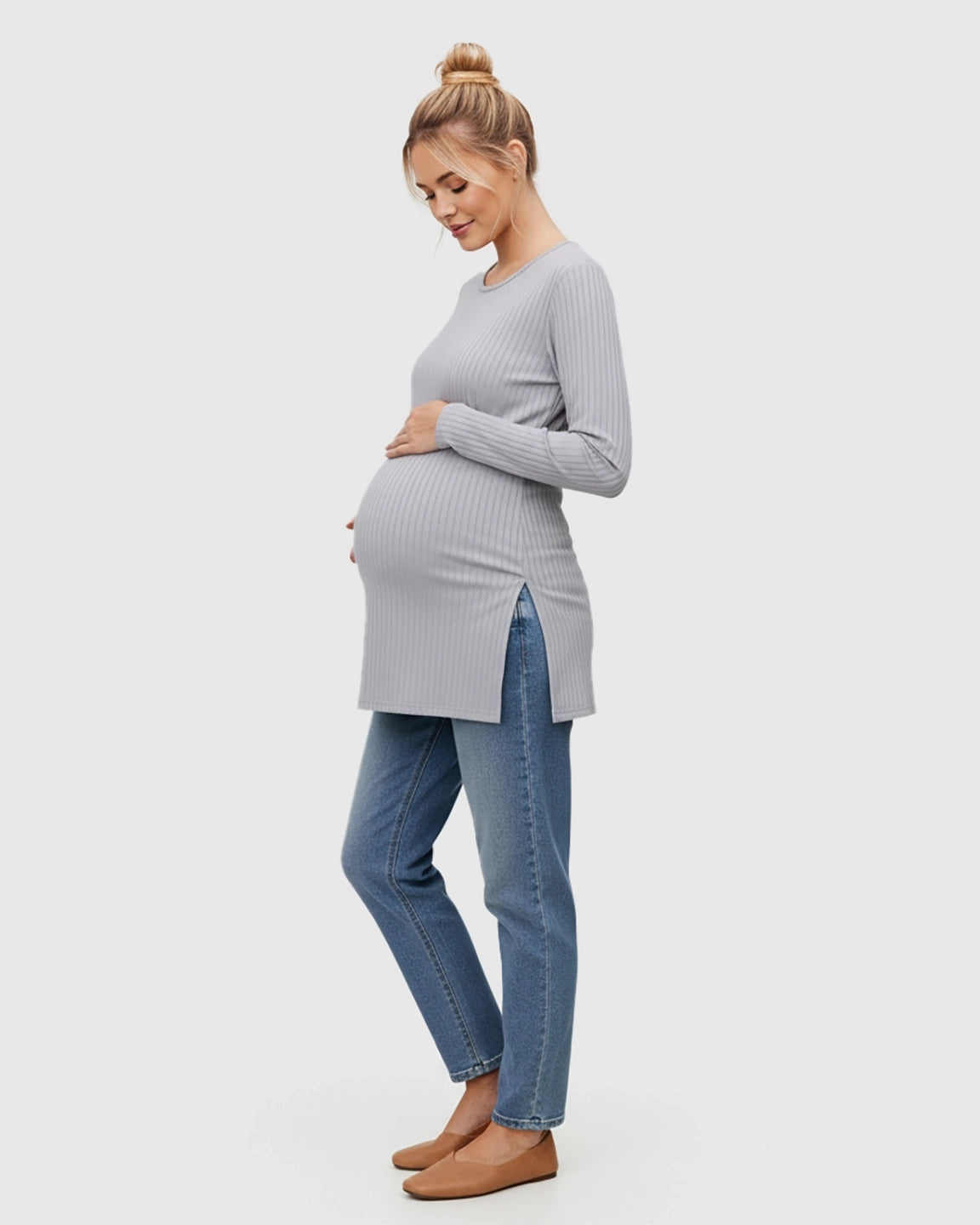 Ribbed Knit Long Sleeve Maternity Top with Side Slits