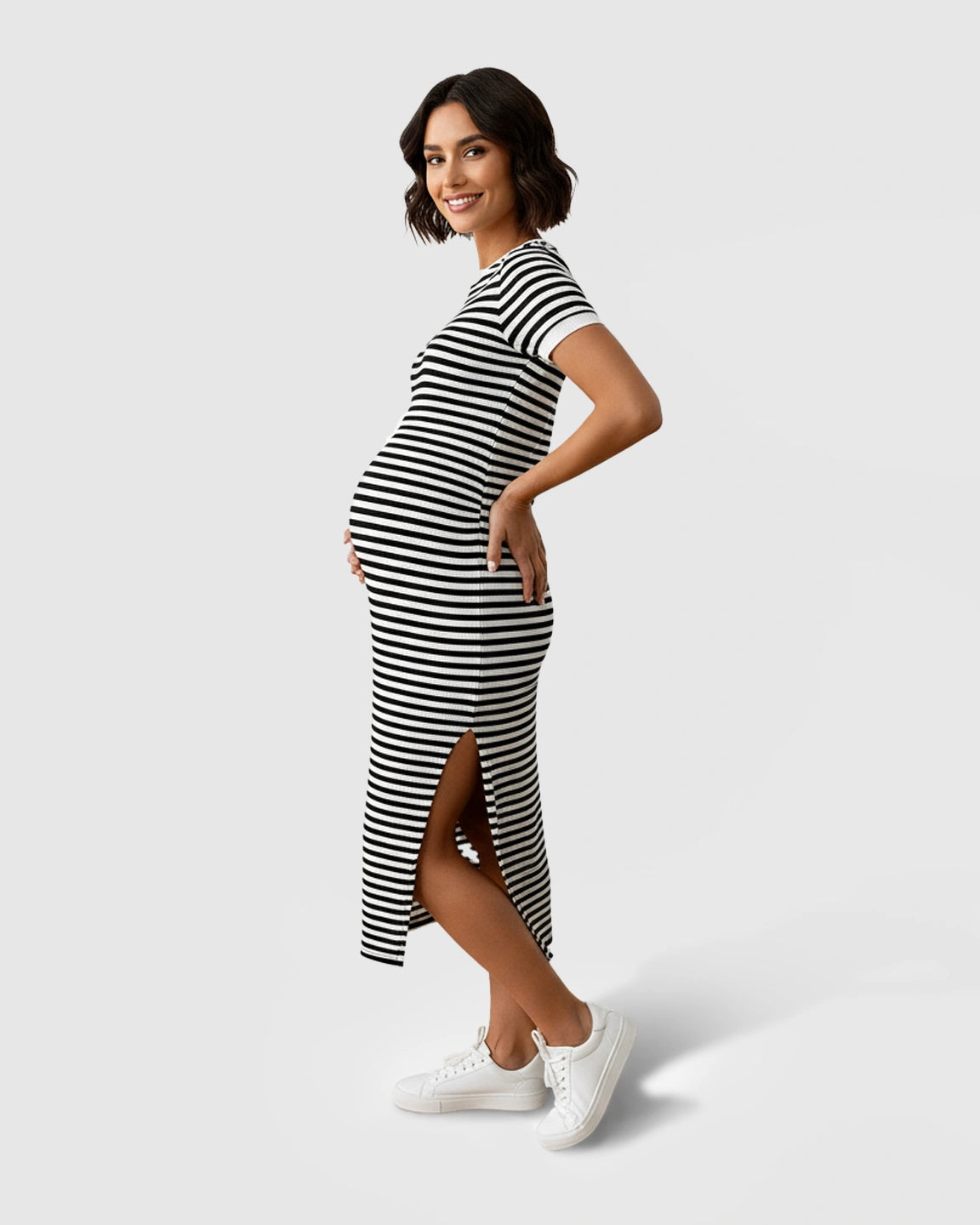 Striped Slim-Fit Maternity Midi Dress with Side Slit