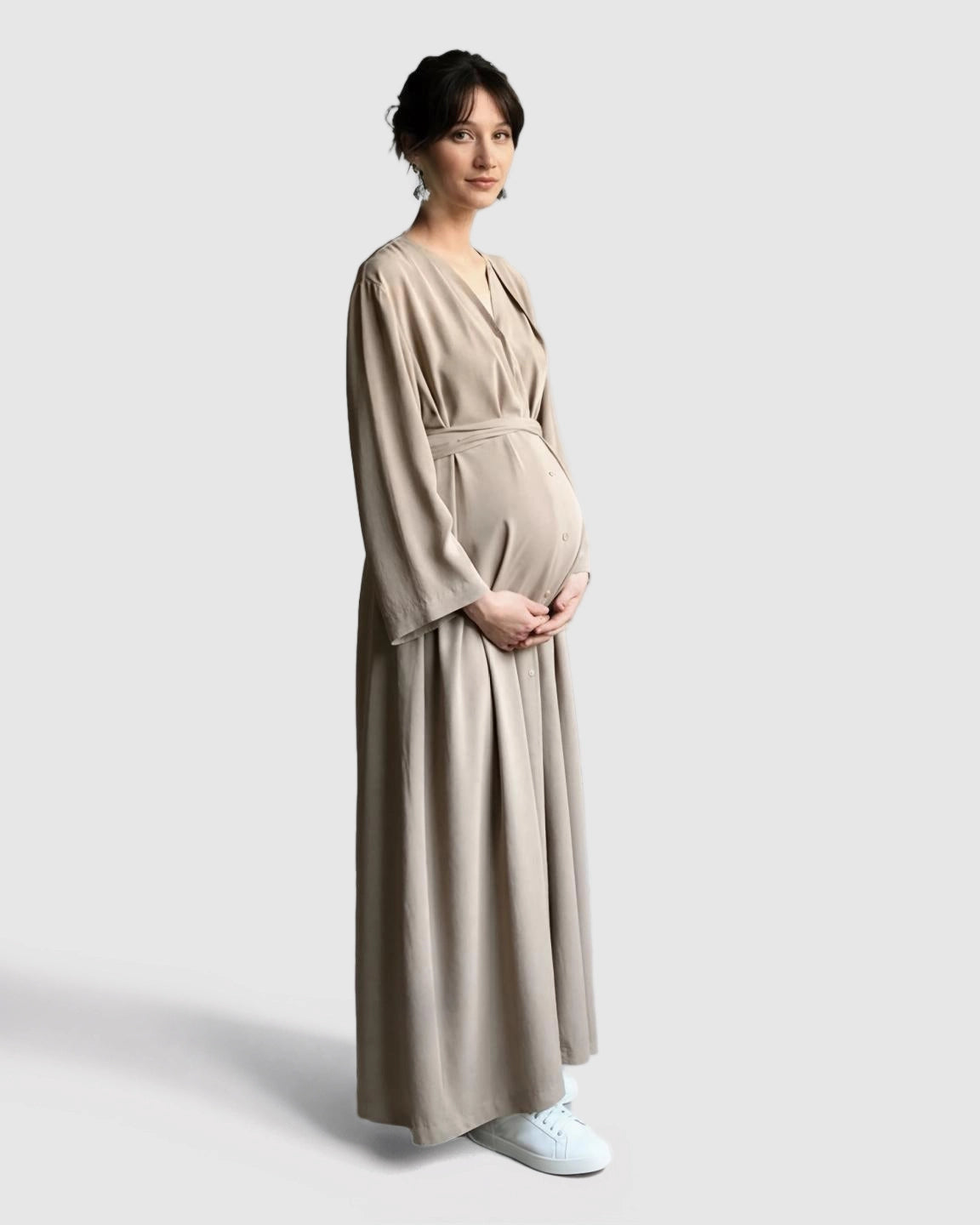 Long Sleeve V-Neck Maternity Maxi Dress with Adjustable Waist