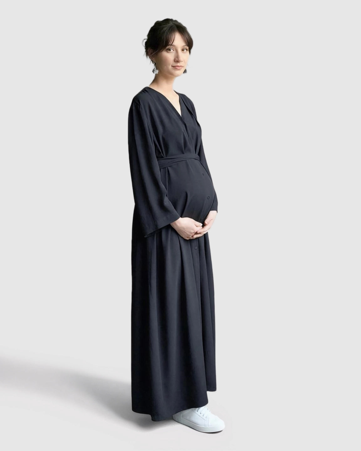 Long Sleeve V-Neck Maternity Maxi Dress with Adjustable Waist