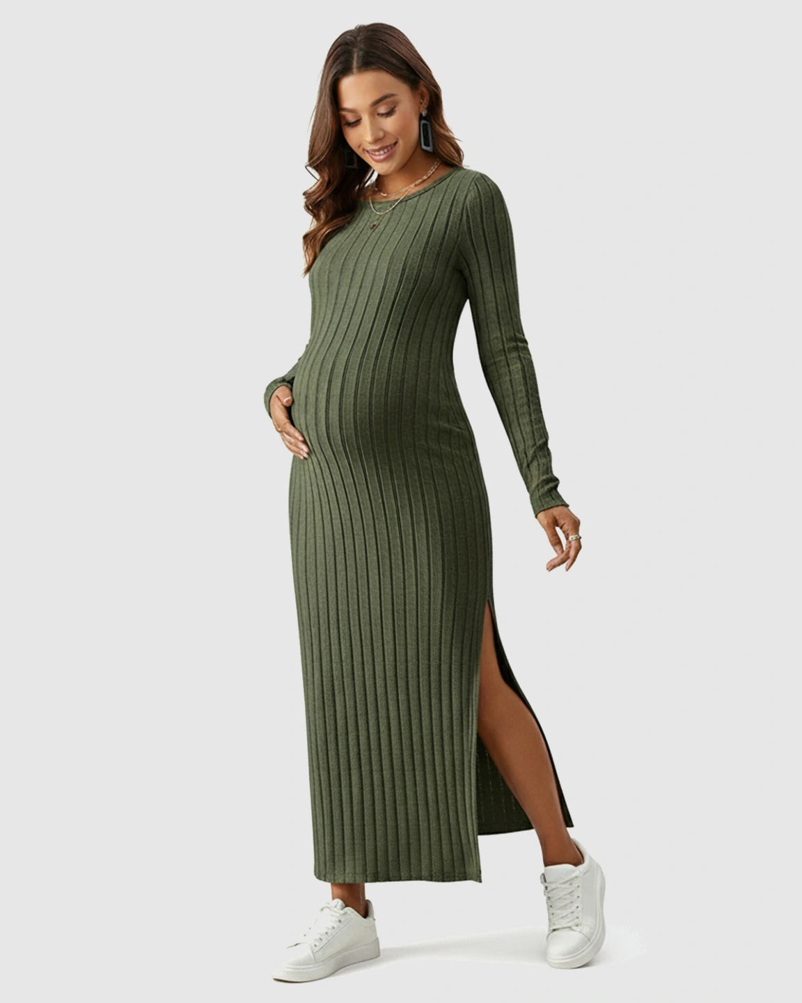 Ribbed Knit Maternity Maxi Dress with Side Slit