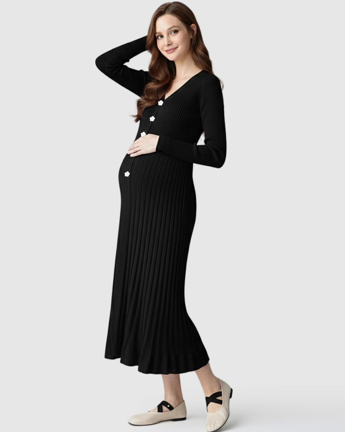 Ribbed Knit Long Sleeve Maternity Midi Dress