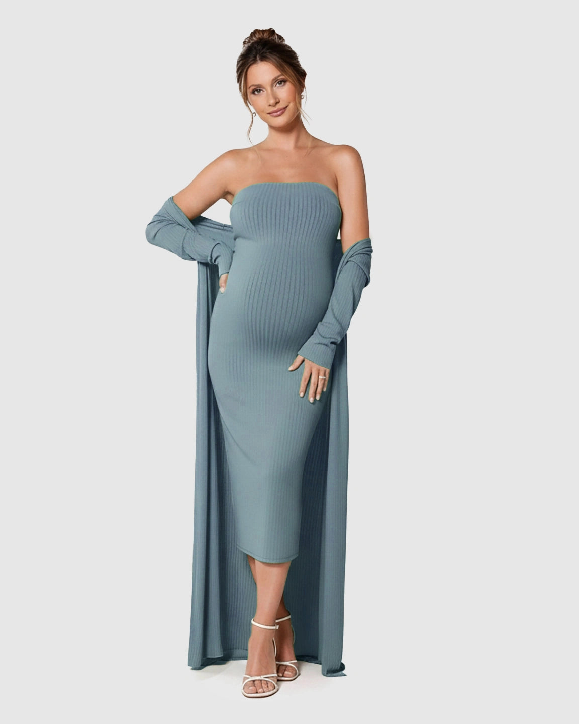 Elegant Ribbed Two-Piece Maternity Dress with Cardigan