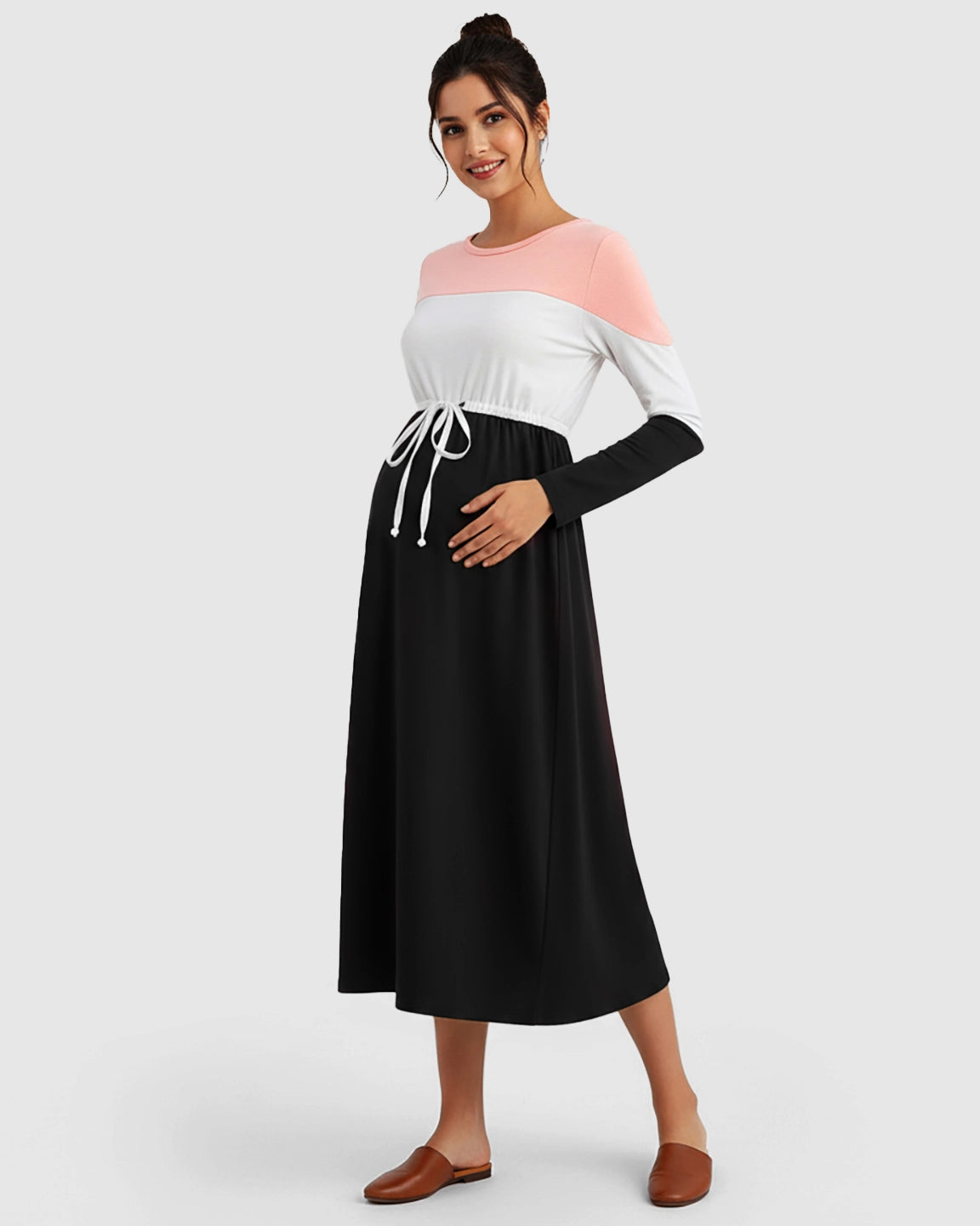 Color-Block Off-Shoulder Drawstring Waist Maternity Dress
