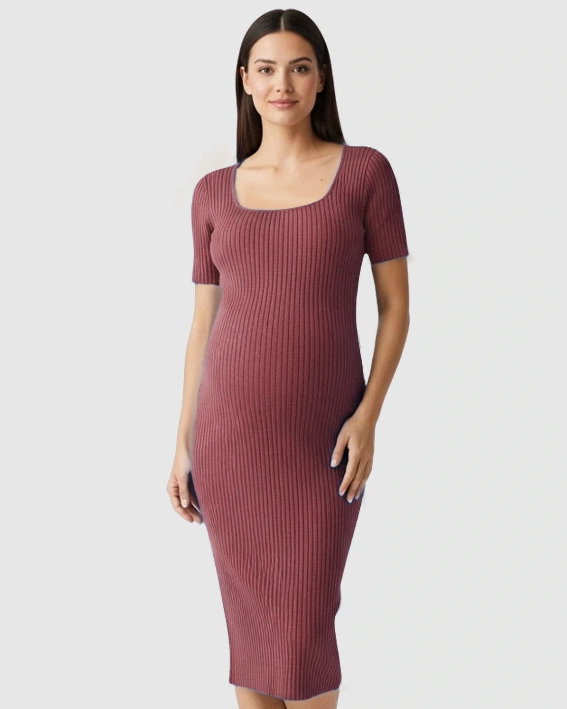 Ribbed Knit Square Neck Bodycon Maternity Midi Dress