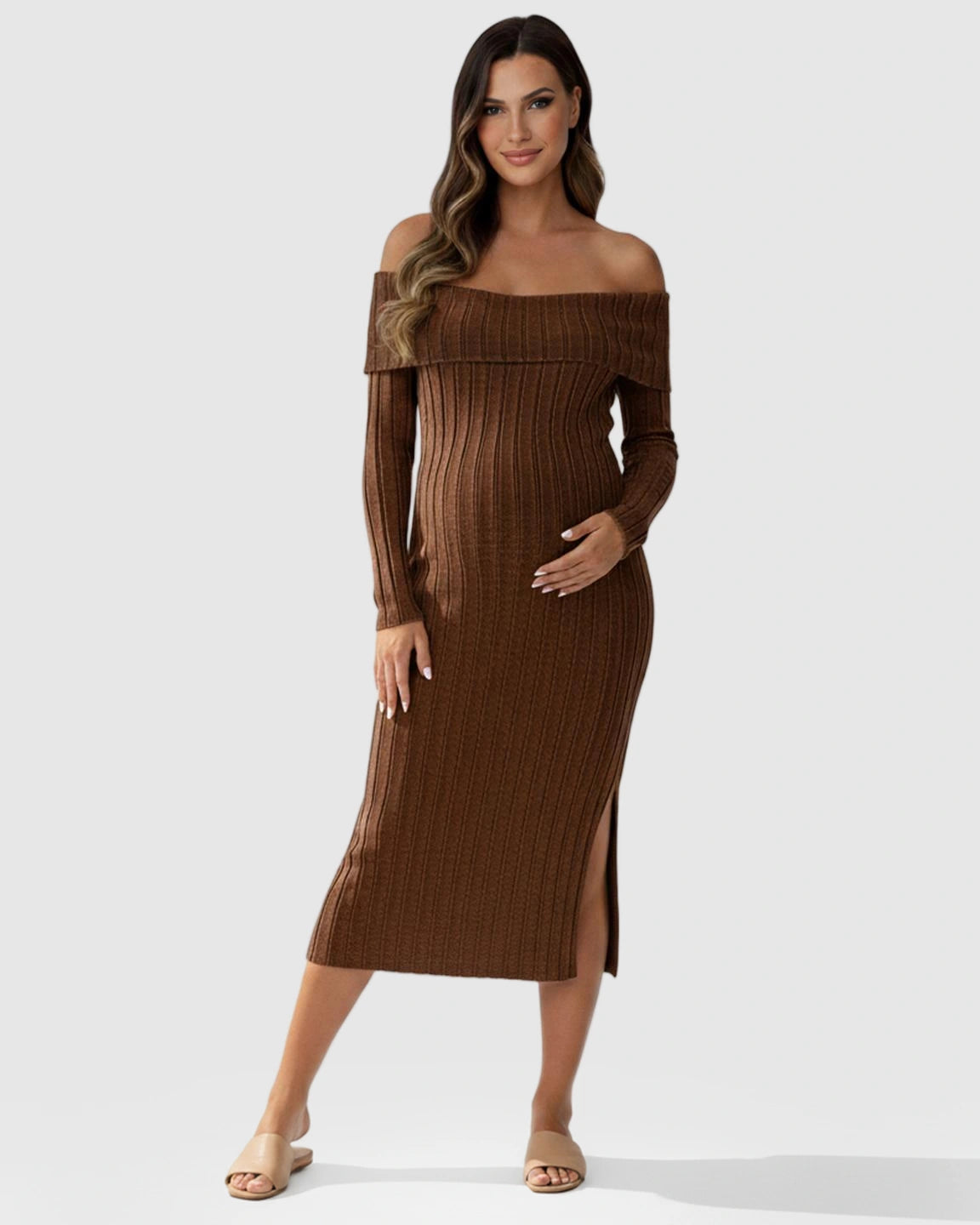 Ribbed Off-Shoulder Bodycon Maternity Midi Dress with Side Slit