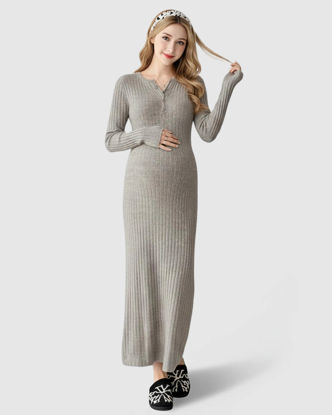 Ribbed Knit A-Line Long Sleeve Maternity Maxi Dress