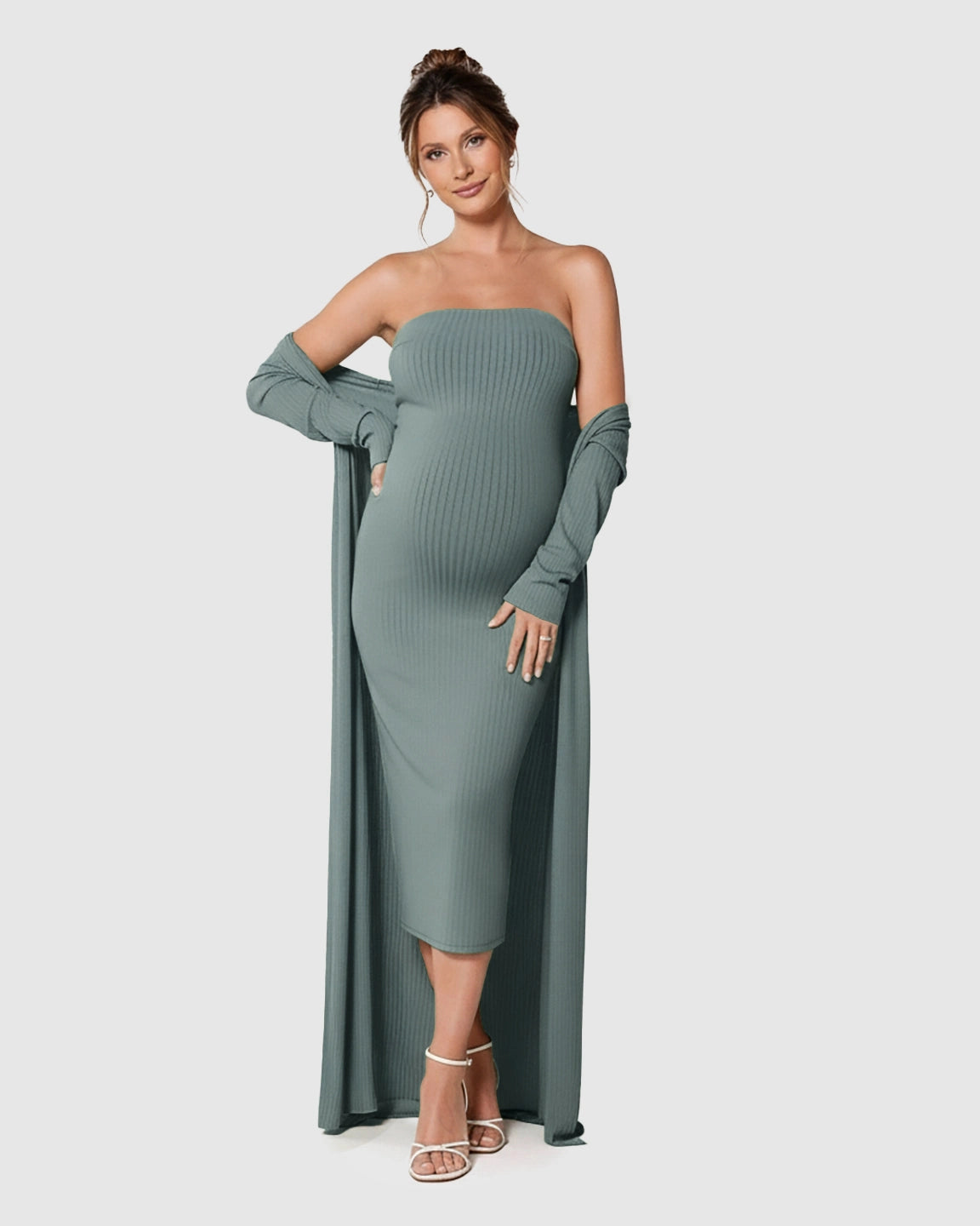 Elegant Ribbed Two-Piece Maternity Dress with Cardigan