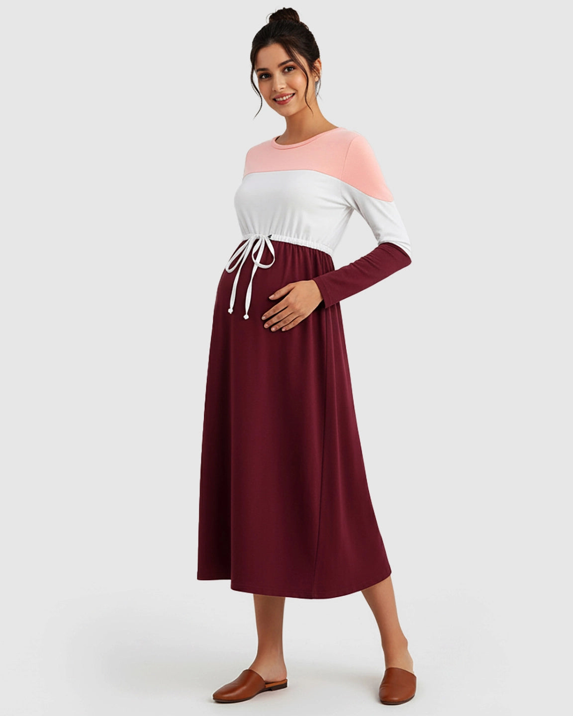Color-Block Off-Shoulder Drawstring Waist Maternity Dress