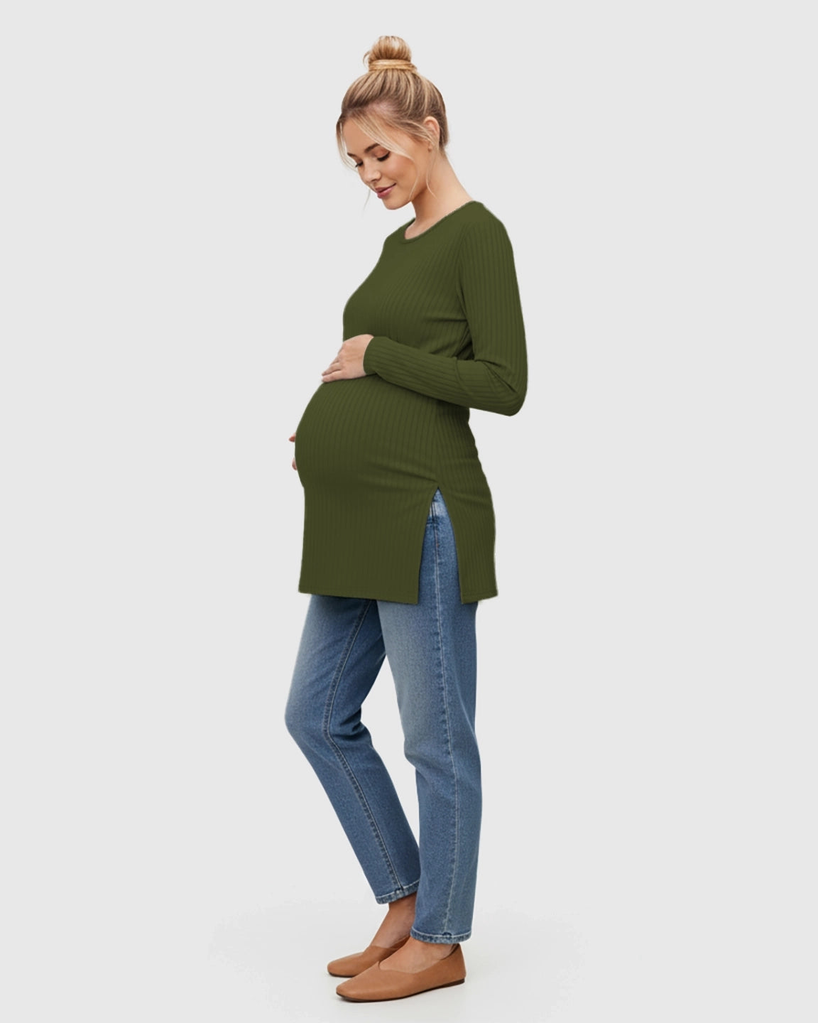 Ribbed Knit Long Sleeve Maternity Top with Side Slits