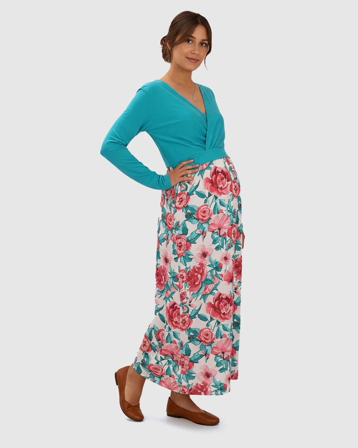 V-Neck Floral Print Faux Two-Piece Maternity Maxi Dress