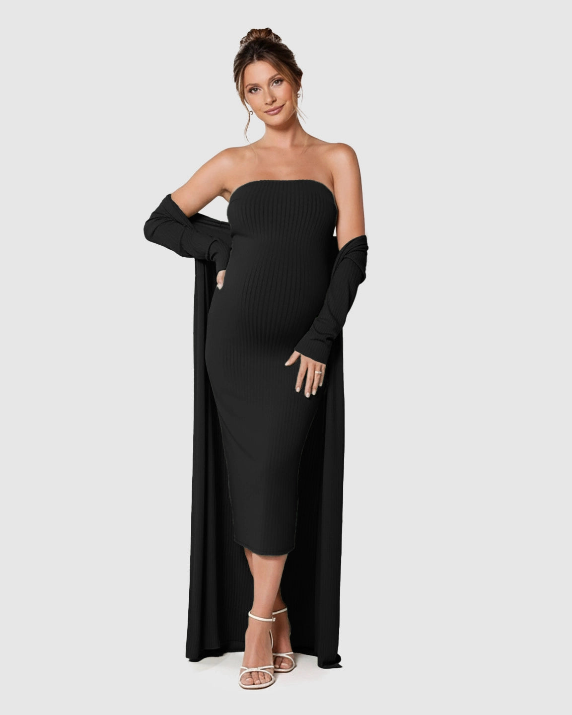 Elegant Ribbed Two-Piece Maternity Dress with Cardigan