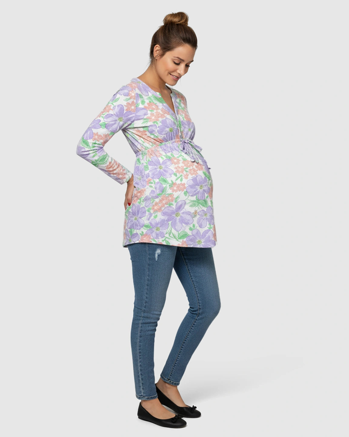 Bow Tie Detail Casual Floral Maternity Top
