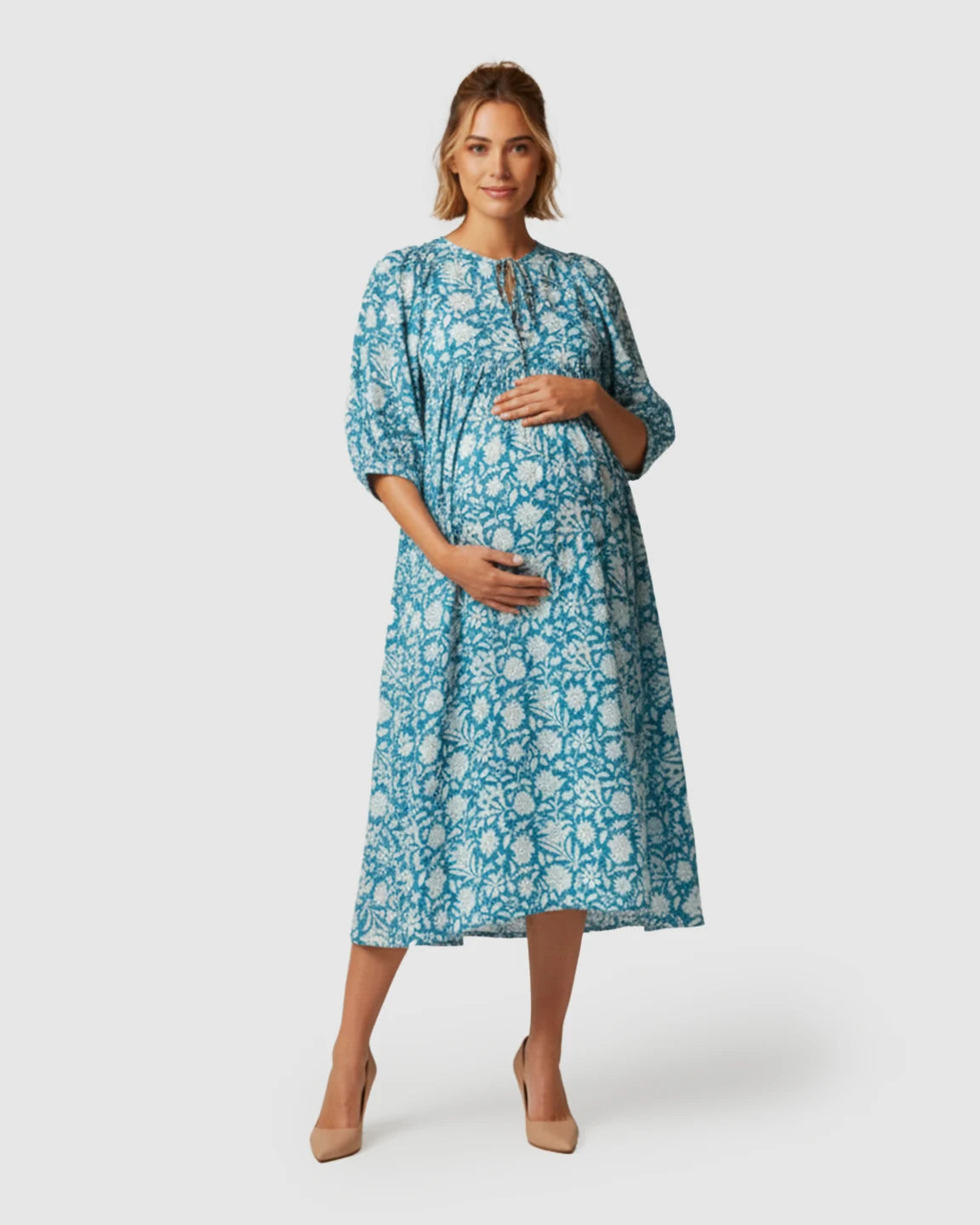 Puff-Sleeve Bohemian Maternity Midi Dress