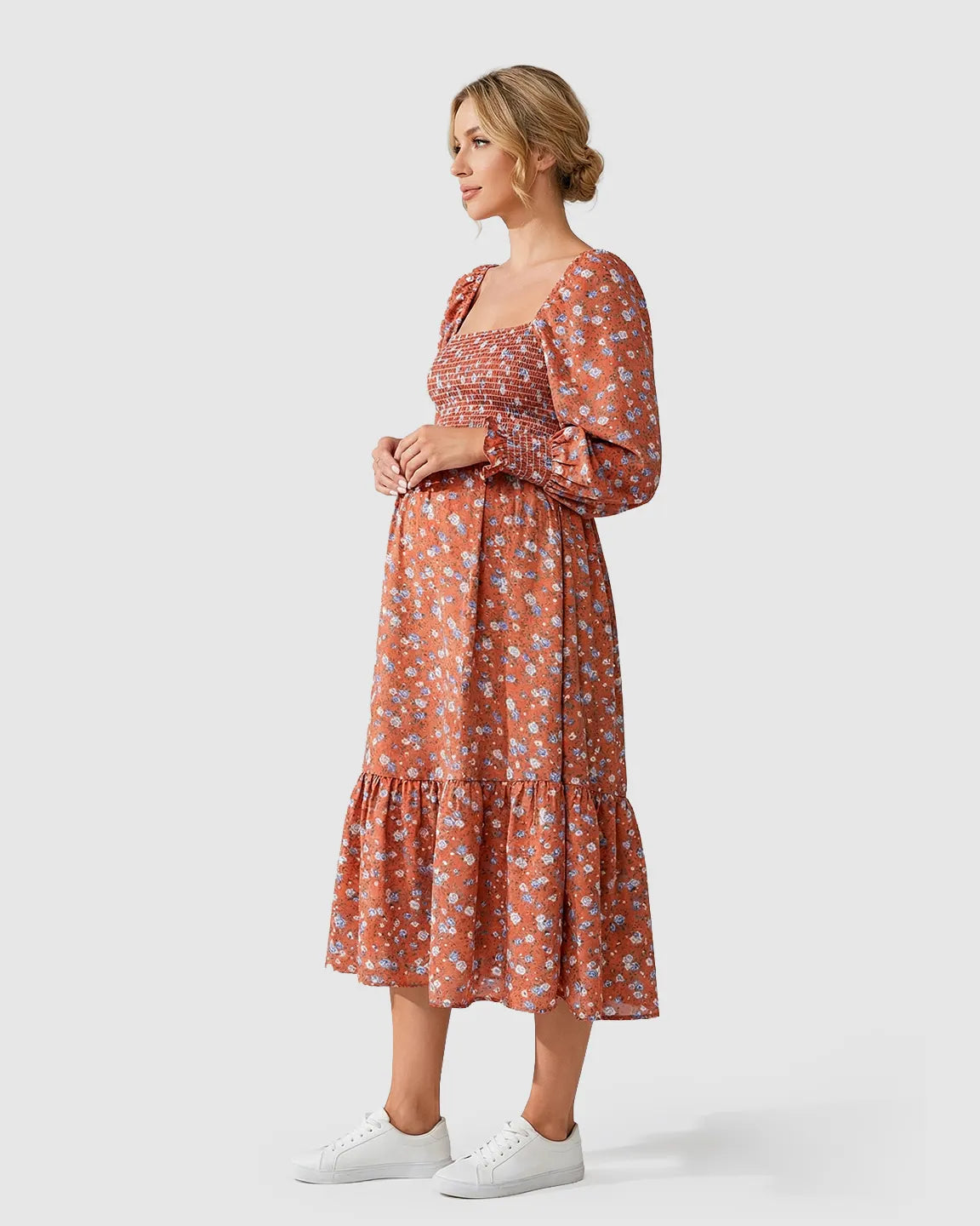 Smocked Bodice Boho Maternity Midi Dress