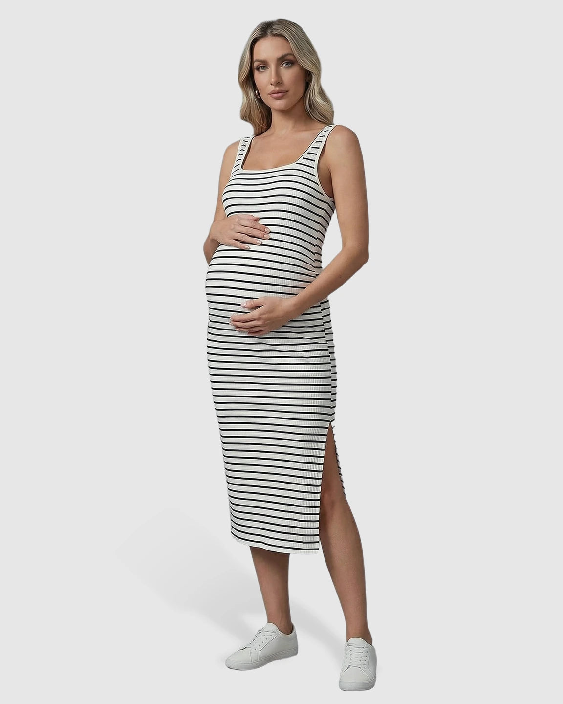 Stripe Print Side Slit Maternity Midi Dress